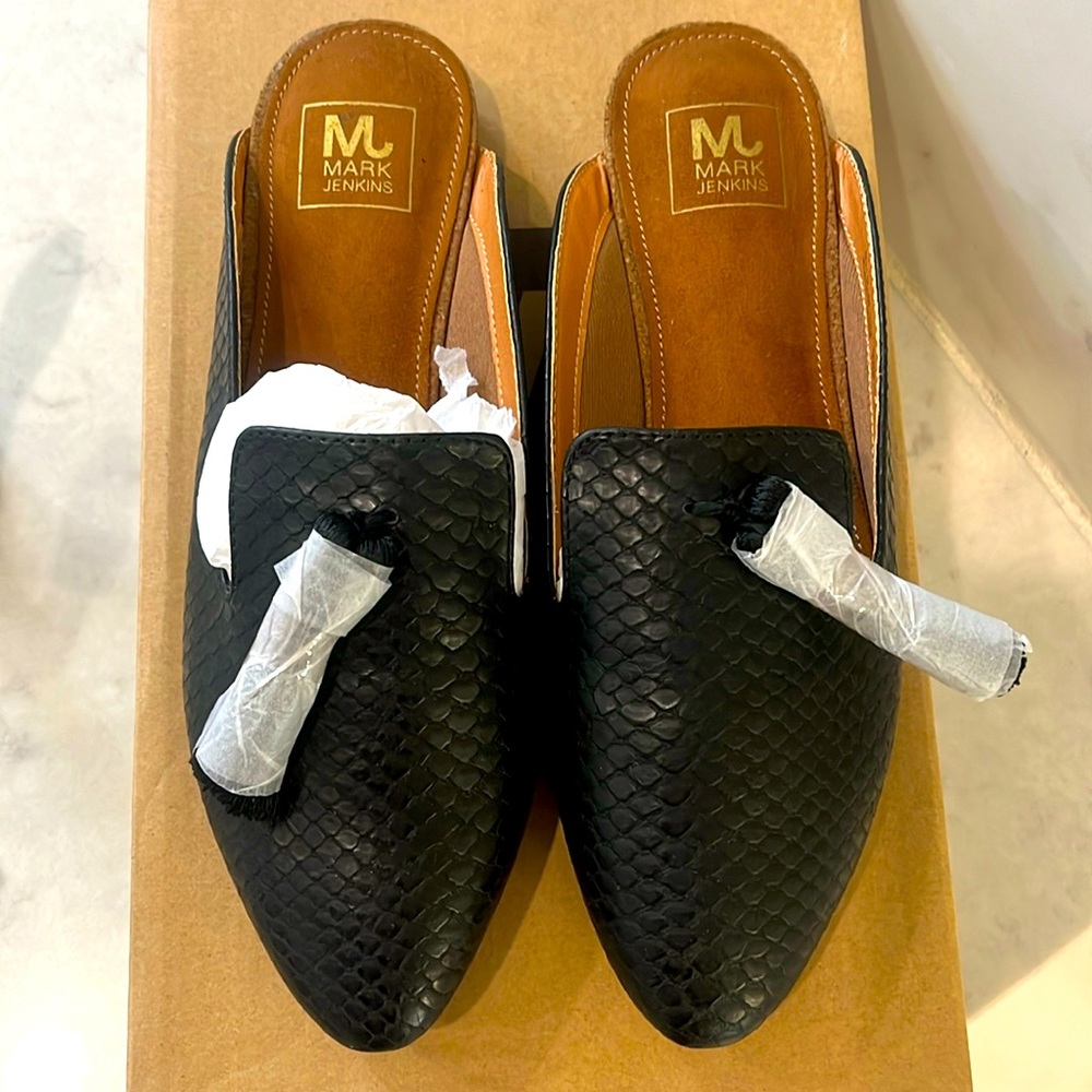 Black snake skin tassle mules, size 5 by mark jenkins - new in box